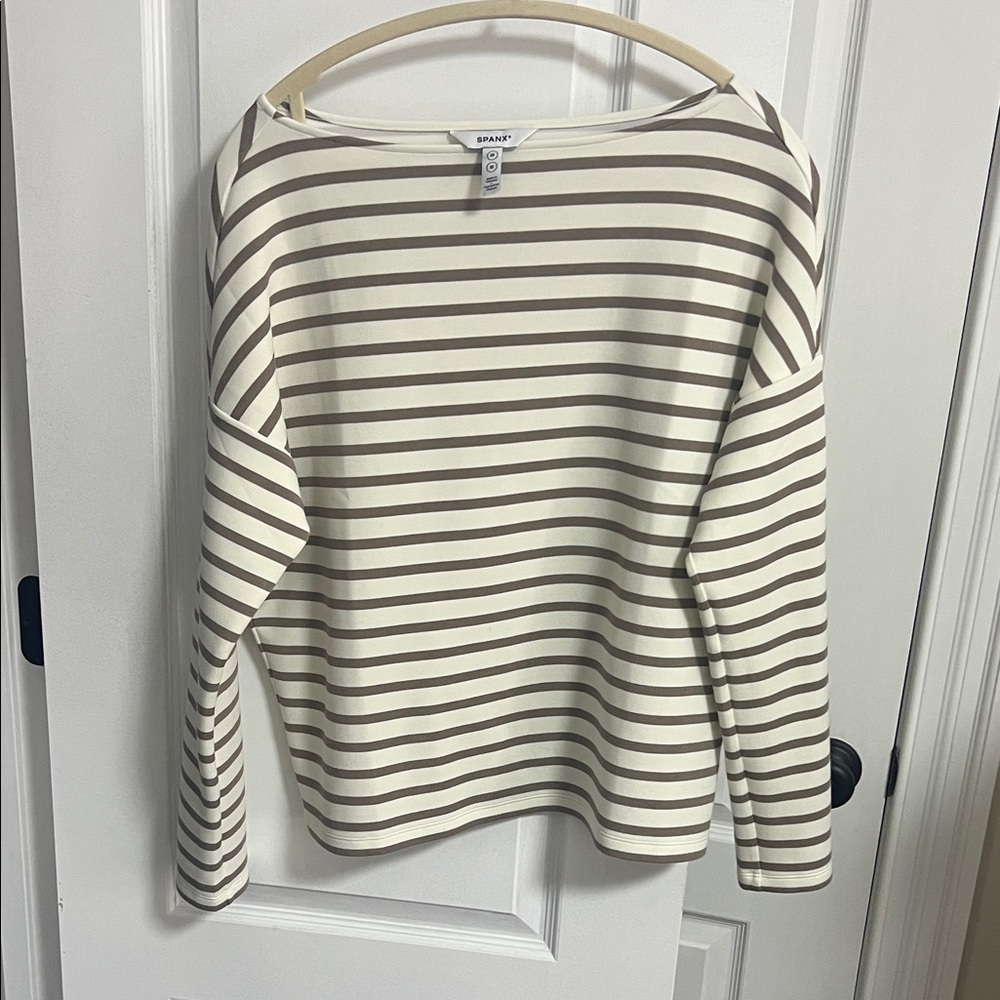 SPANX Air Essentials Cream and Brown Striped Long Sleeve Top